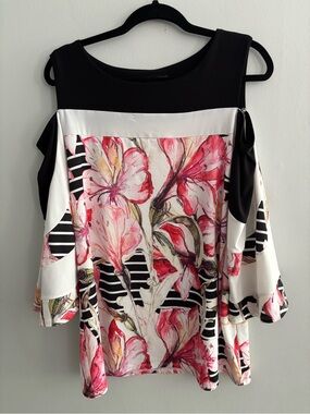Michael Tyler Floral Striped Cold Shoulder Bell Sleeve Blouse Top Size Large